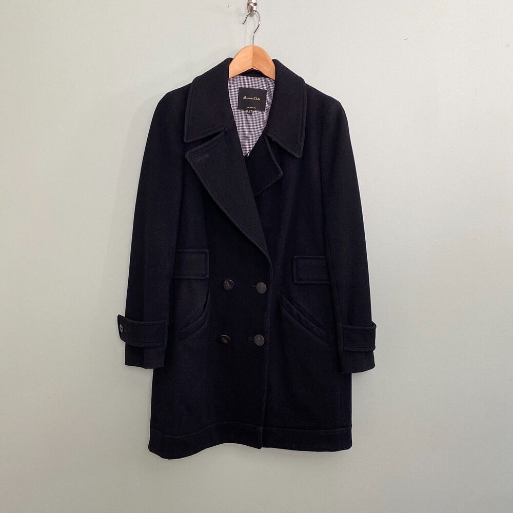 Massimo Dutti Pea Coat Wool Blend Mid Length Womens 4 Black Preppy Classic